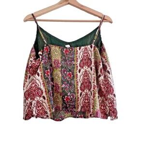 Joie Top bohemian chi sleeveless womens blouse green red casual top Size M